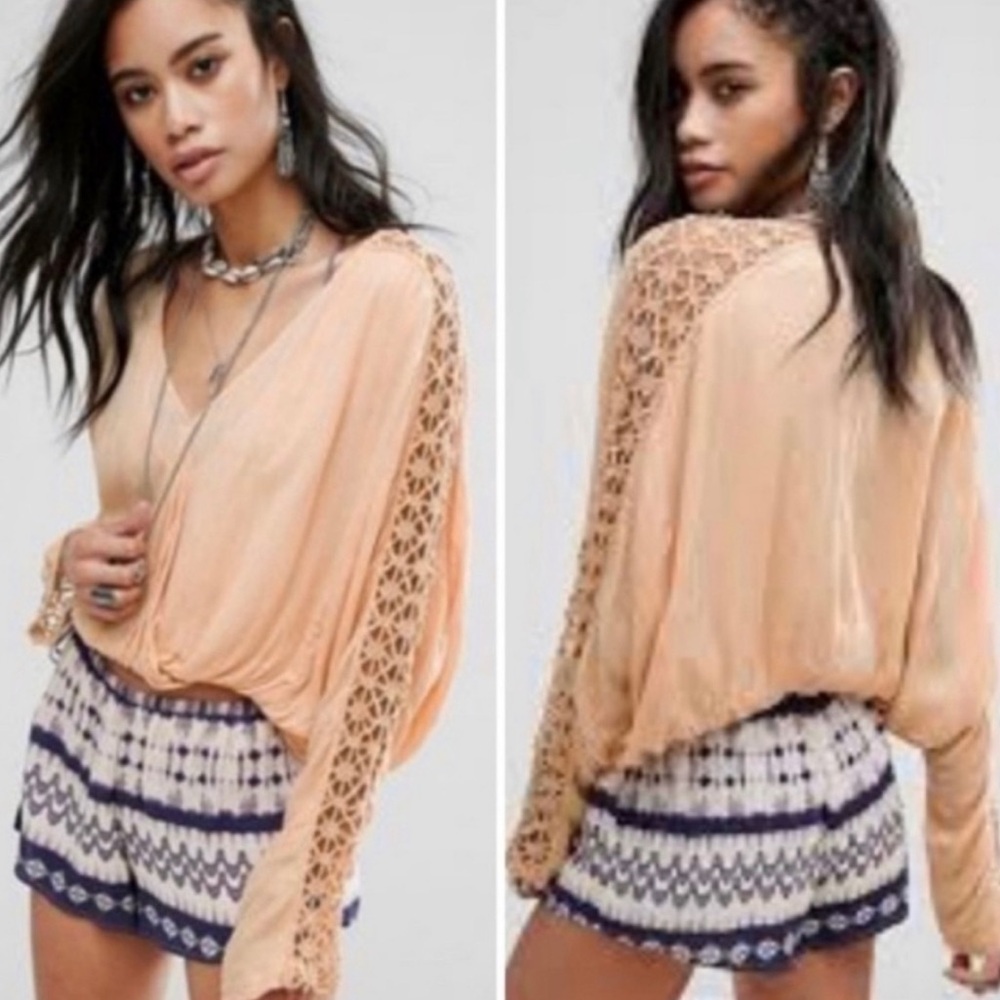 NWT FREE PEOPLE ‘Runway’ Crochet Sleeve Faux Wrap Top In Peach